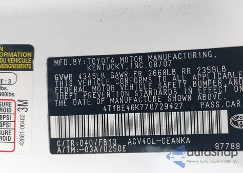 2007 Toyota Camry Ce из США, поврежденный, VIN 4T1BE46K77U729427